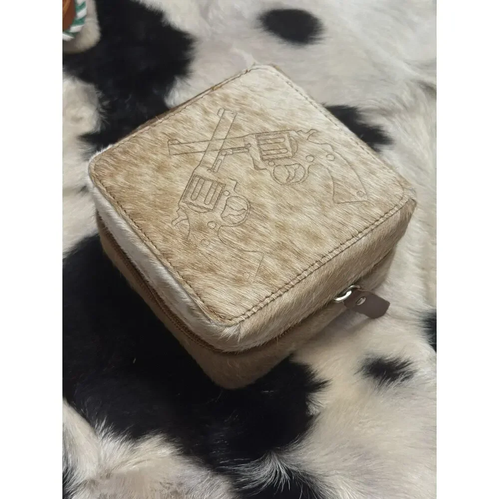 Southwest Tooled Leather Brown Cow Hide Jewelry Box Ring Travel Case Crossed Gun
